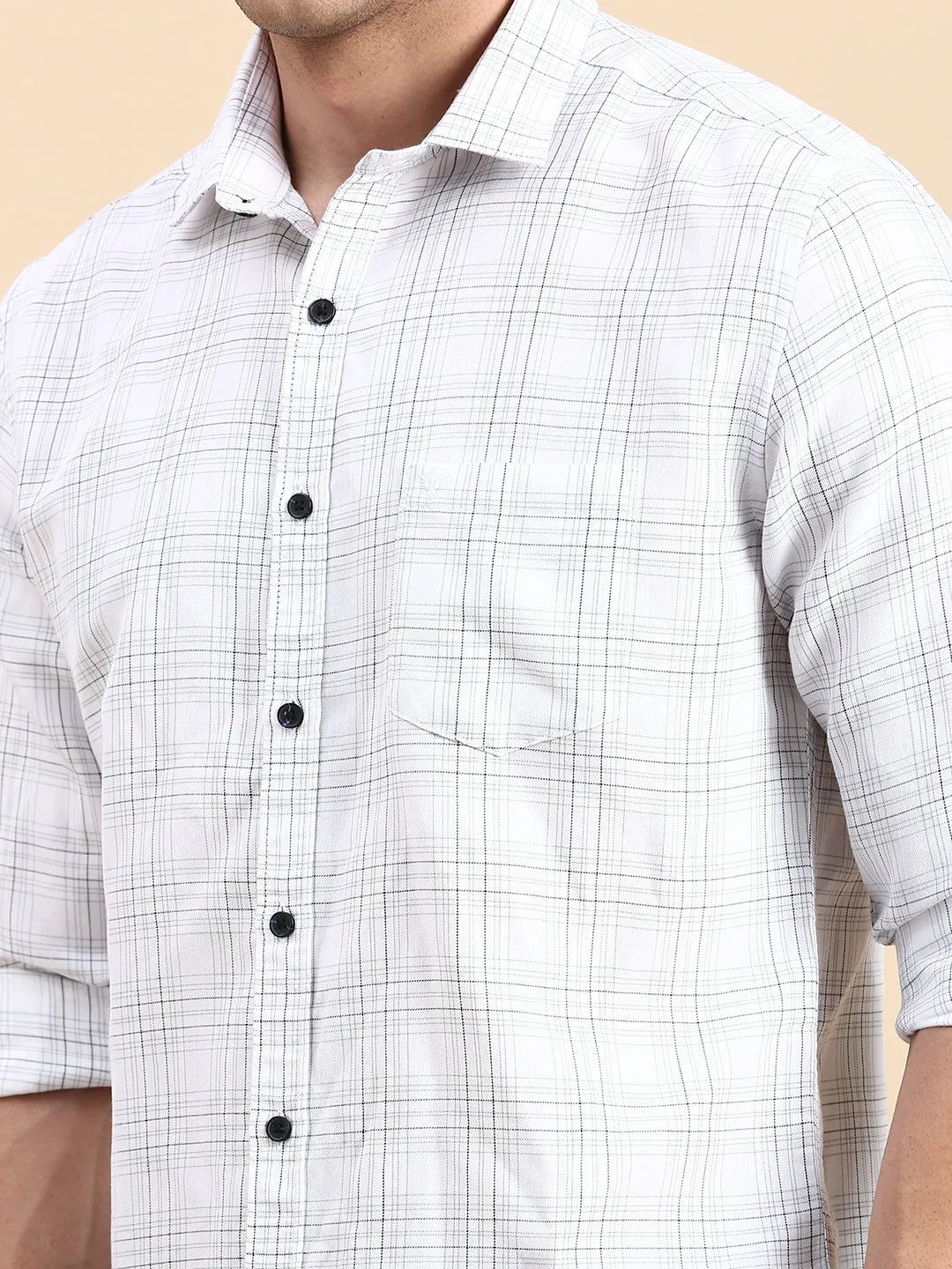 Men Navy Blue Comfort Slim Fit Windowpane Checked Cotton Casual Shirt