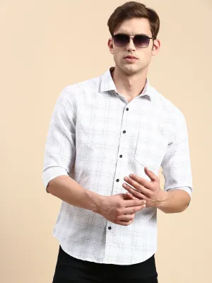 Men Navy Blue Comfort Slim Fit Windowpane Checked Cotton Casual Shirt