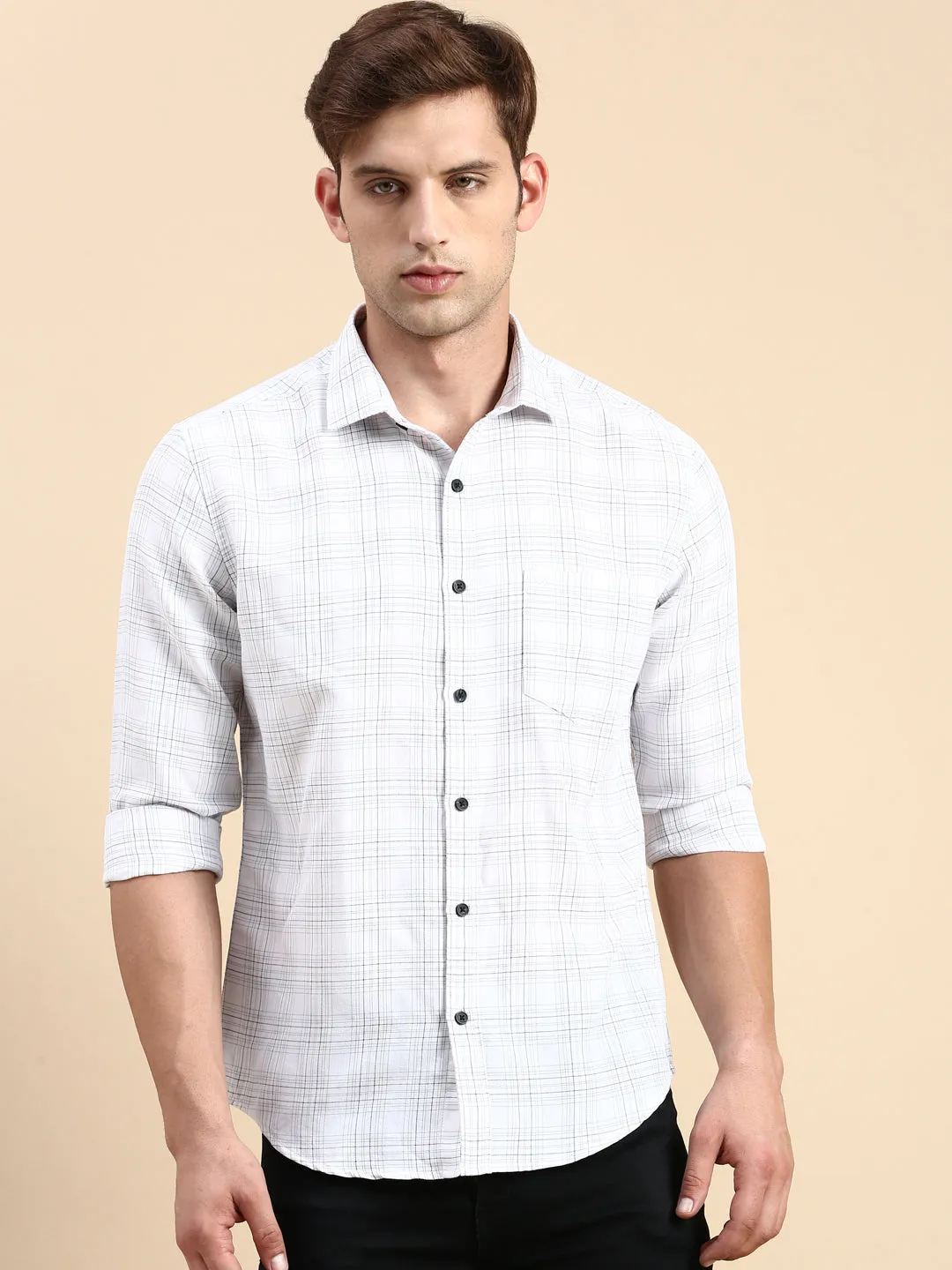Men Navy Blue Comfort Slim Fit Windowpane Checked Cotton Casual Shirt
