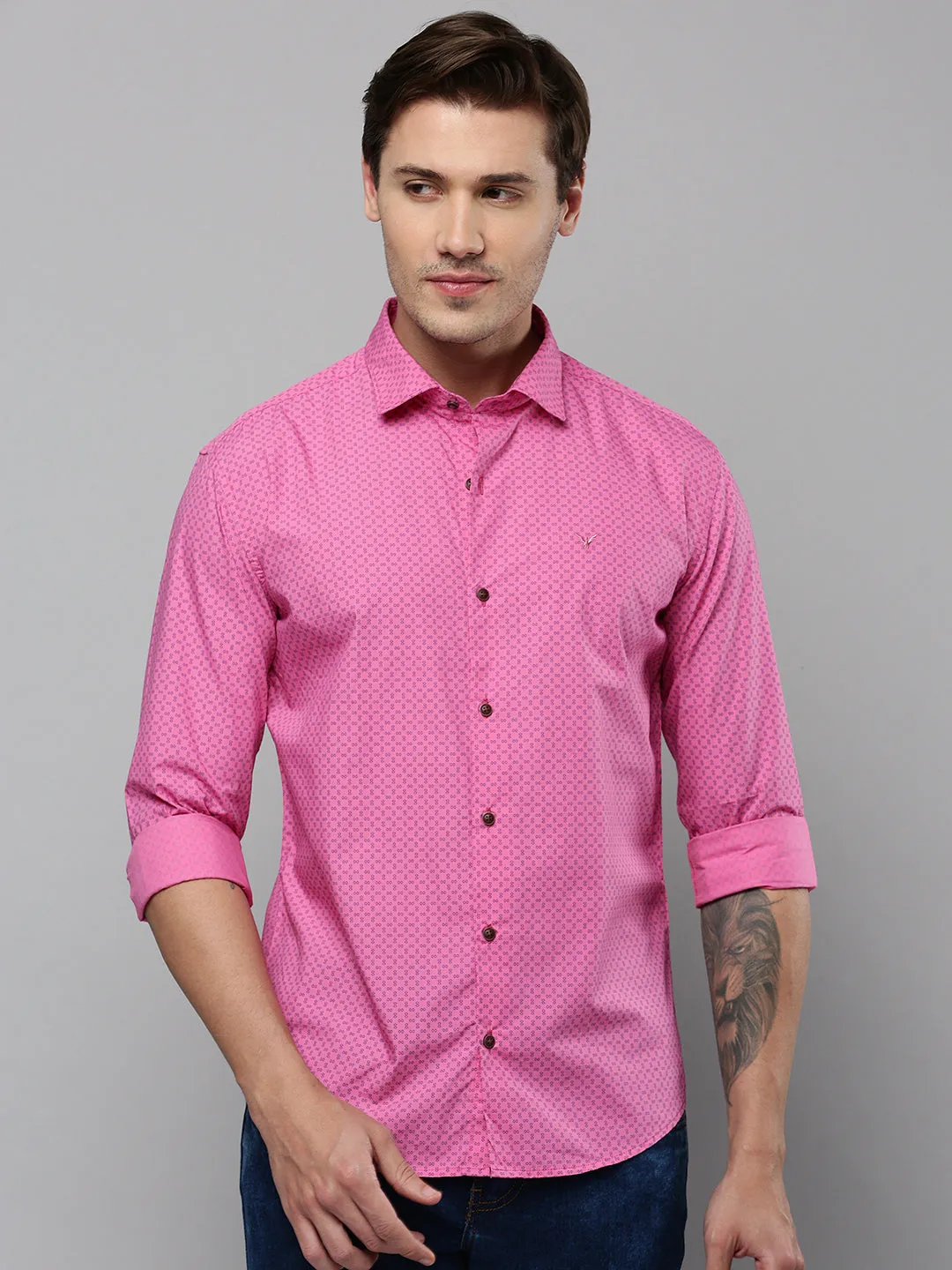 Men Pink Comfort Micro Ditsy Printed Cotton Casual Shirt