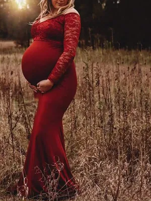 Momnfancy Patchwork Lace Bodycon Long Sleeve Maternity For Babyshower Maxi Dress