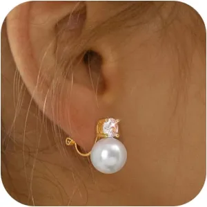 Pearl Clip on Earrings for Women 14K Gold Silver Plated Pearl Earrings Cubic Zirconia Non Pierced Earrings for Women Jewelry Gifts Wedding Party