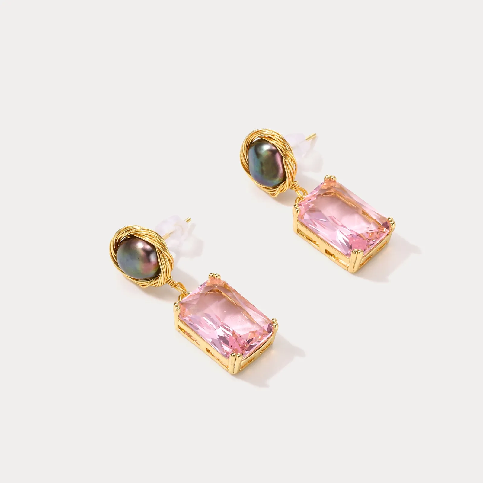 Pink Rectangle Pearl Earrings