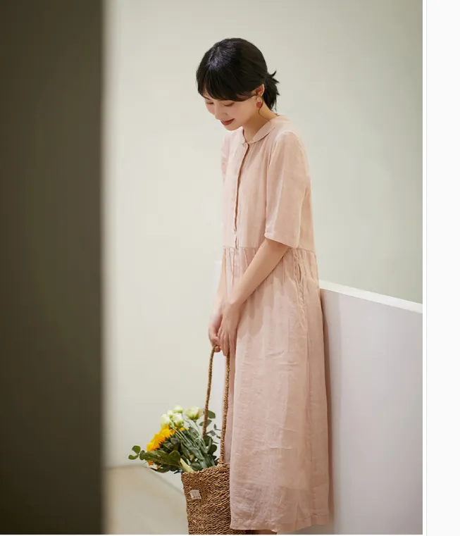 Pink Women Dresses Ramie Casual Summer Buttons Linen Shirts Women Dresses SSM97215