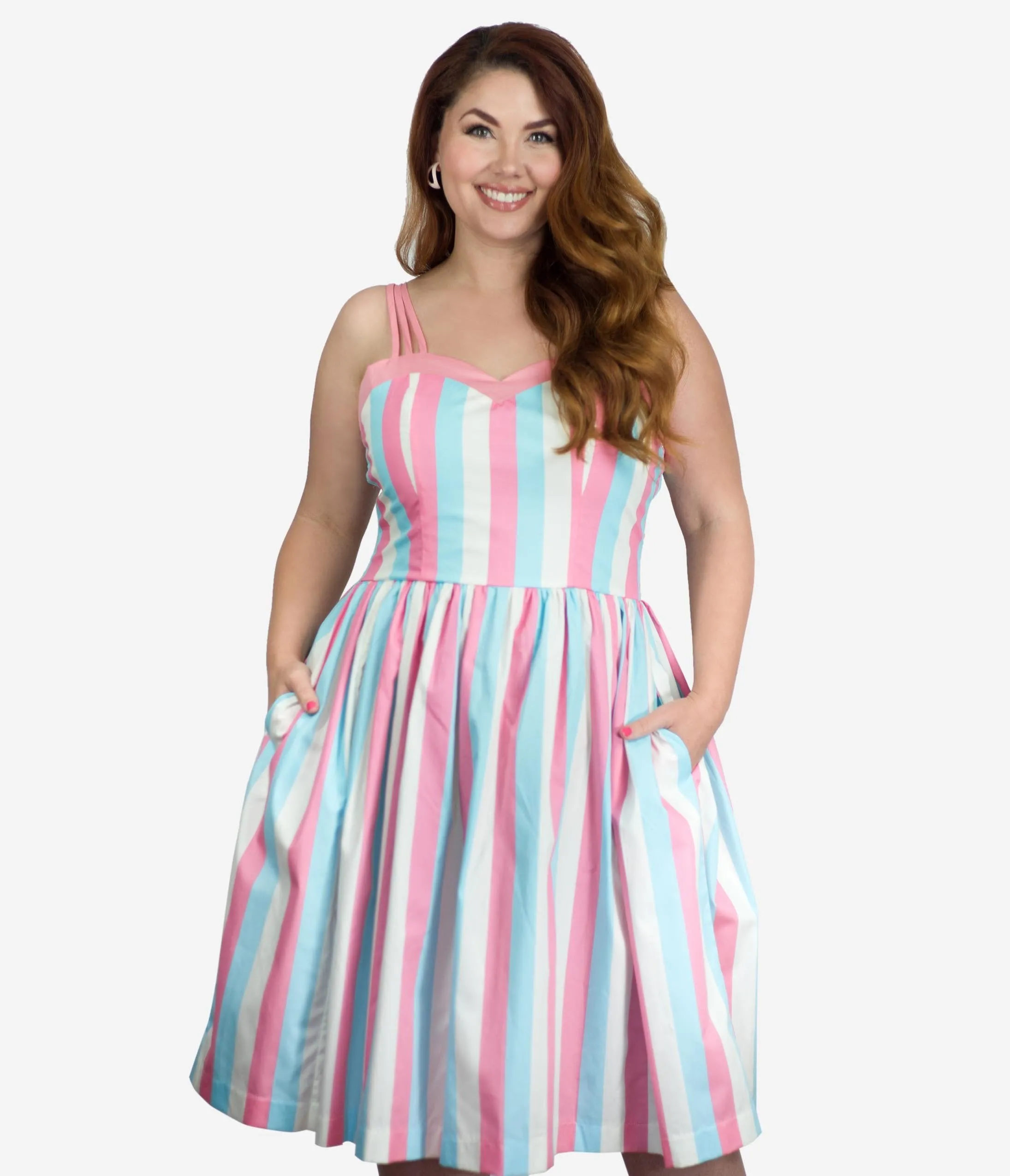 Plus Size 1950s Light Blue & Pink Stripe Candy Swing Dress