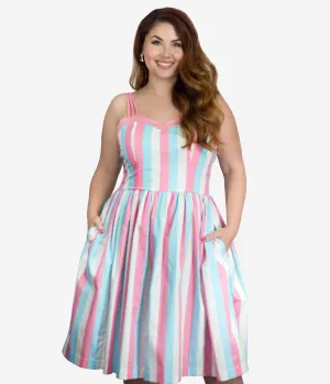 Plus Size 1950s Light Blue & Pink Stripe Candy Swing Dress