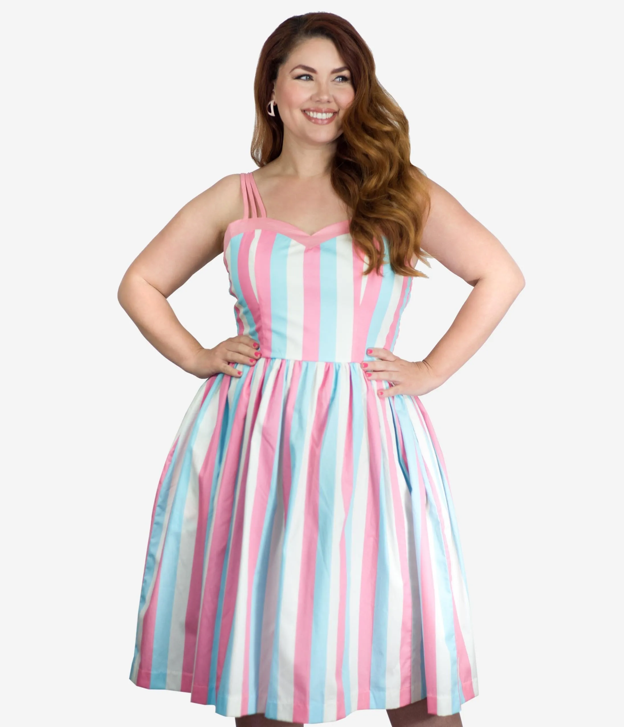 Plus Size 1950s Light Blue & Pink Stripe Candy Swing Dress
