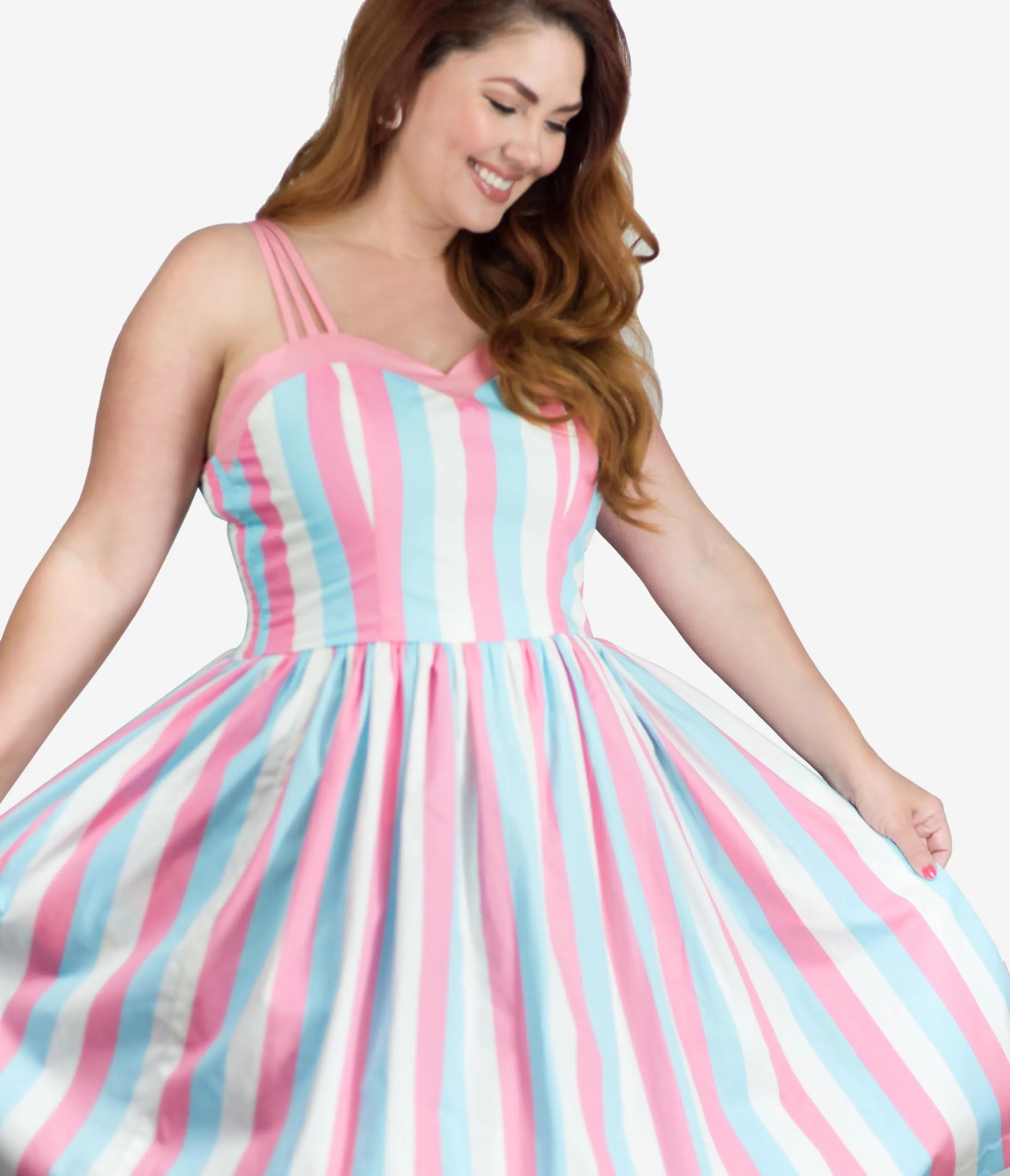 Plus Size 1950s Light Blue & Pink Stripe Candy Swing Dress