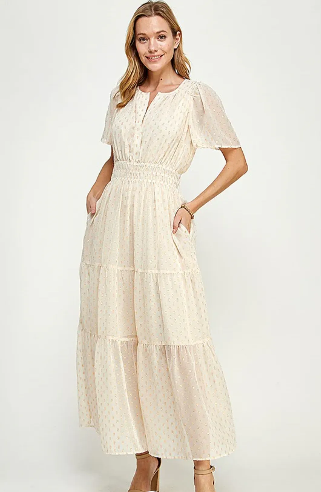 Raven Metallic Dot Tiered Midi Dress