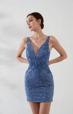 Sequin Appliqud V-neck See-through Fishbone Backless Mini Dress