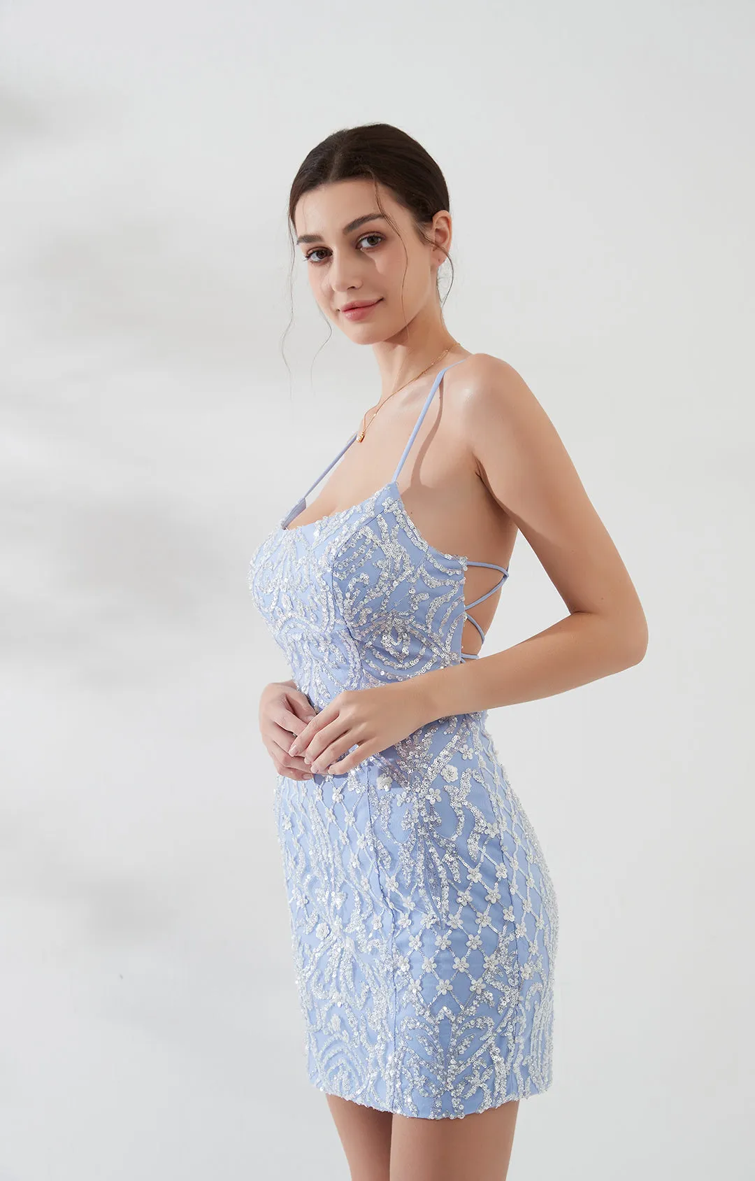 Sequin Embroidered Lace-up Back Cocktail Mini Dress