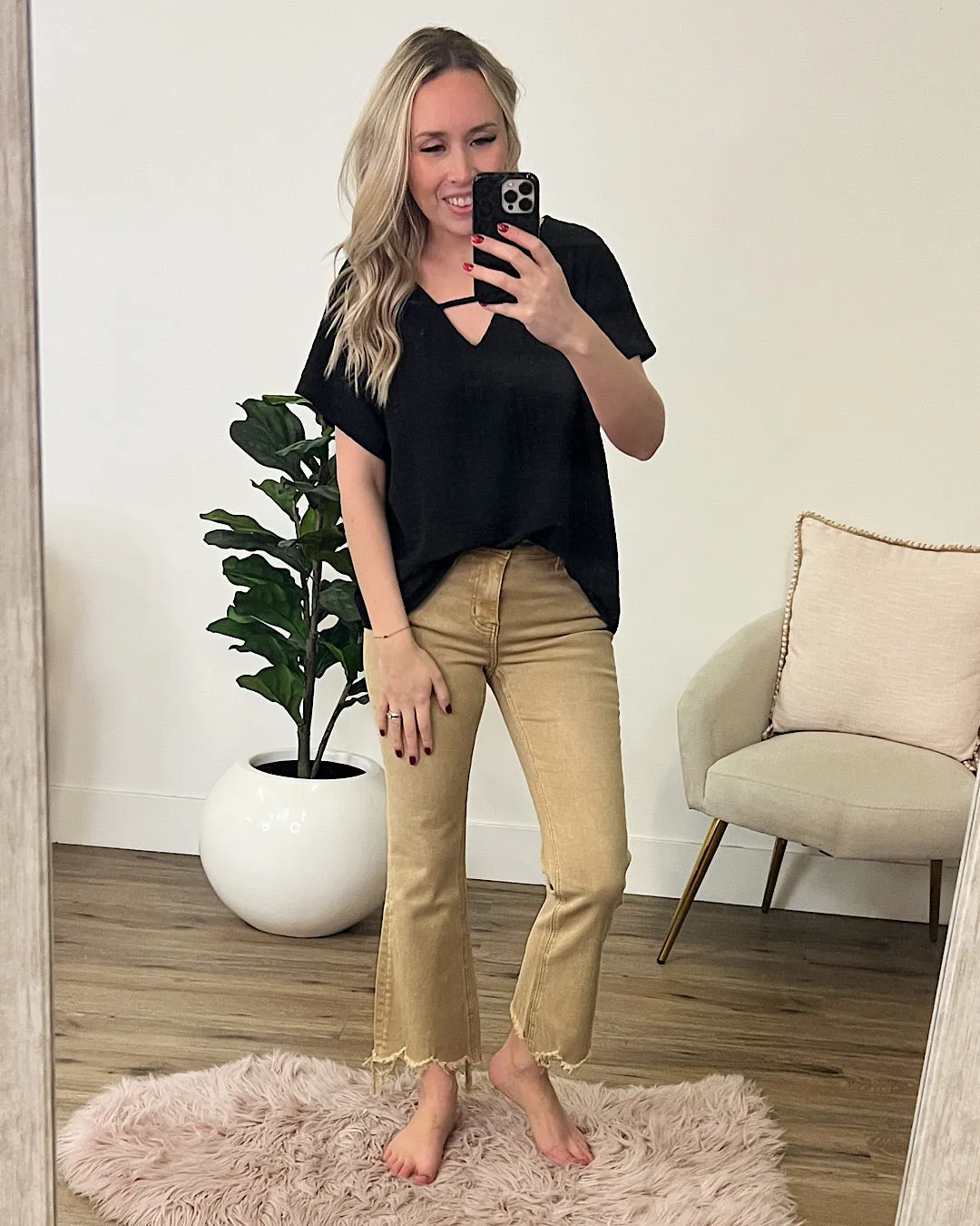 Shanna Caged Detail V Neck Top - Black