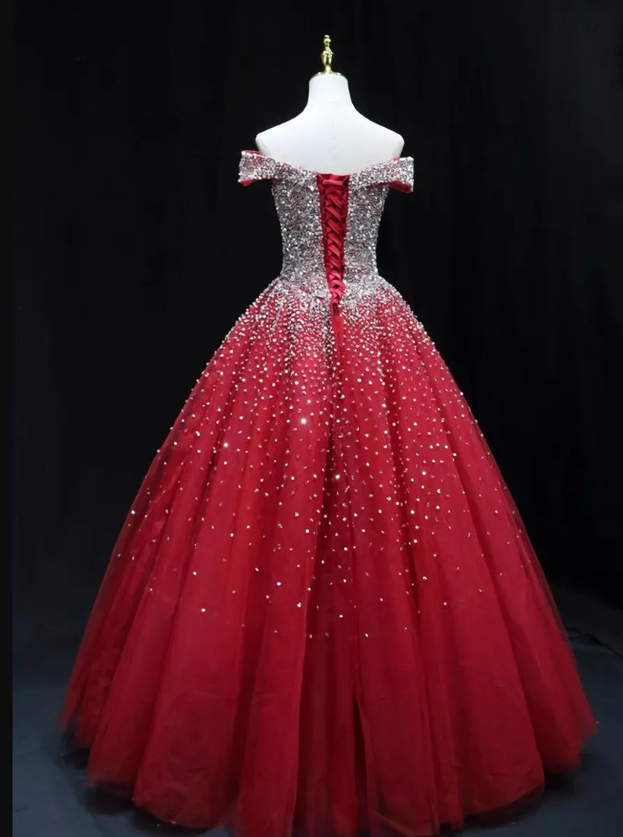 Shiny Red Sequins Pretty Long Formal Dress Dark Red Sweet 16 Dresses