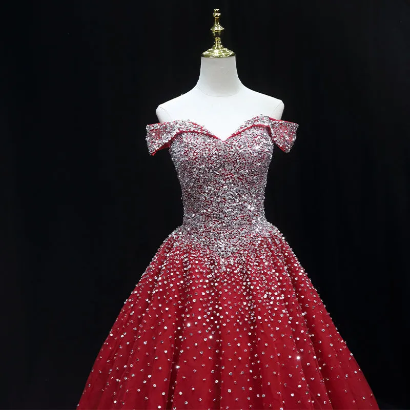 Shiny Red Sequins Pretty Long Formal Dress Dark Red Sweet 16 Dresses