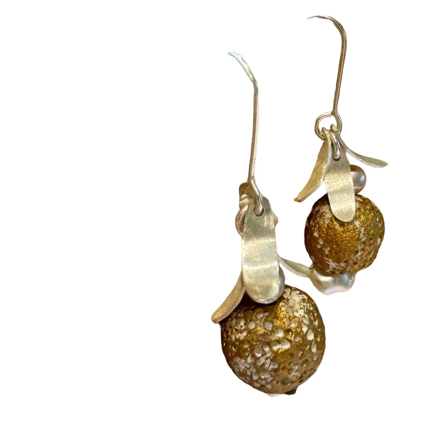 Silver leaf and bead hook earrings