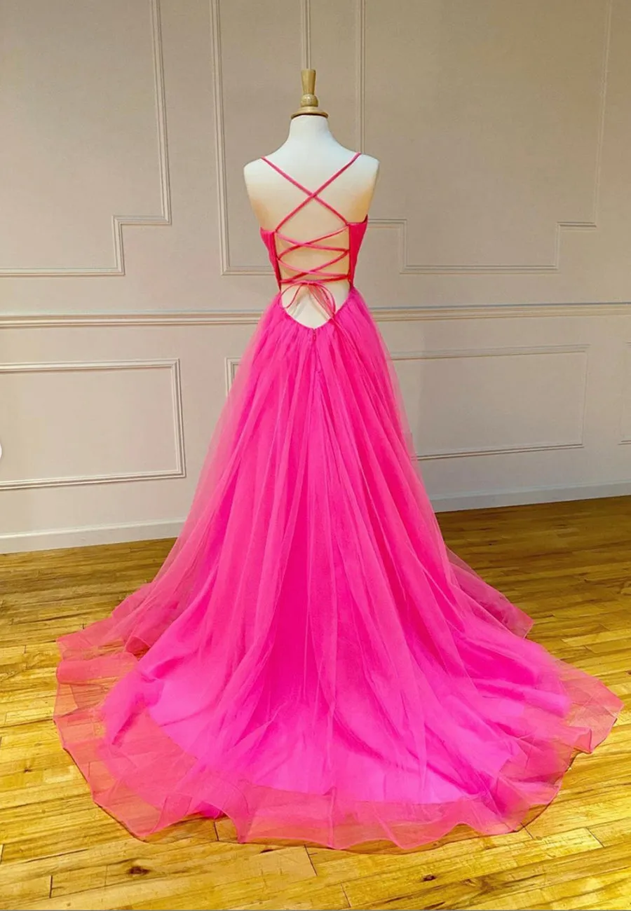 Simple V-Neck Tulle Long Prom Dresses A-Line Evening Dresses