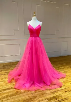 Simple V-Neck Tulle Long Prom Dresses A-Line Evening Dresses