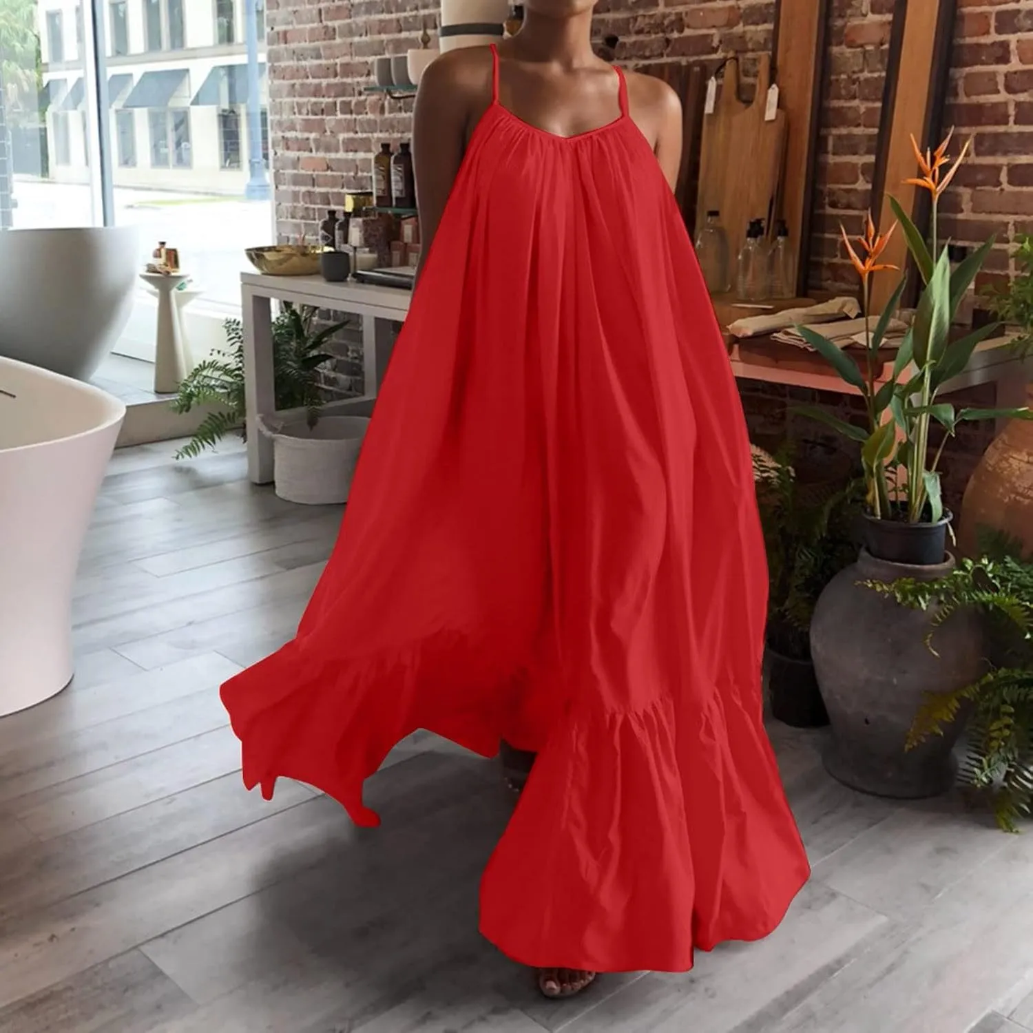 Spaghetti Strap Dresses for Women Plus Size Sleeveless Summer Casual Flowy Dress Ruffle Hem Swing Midi Sundress