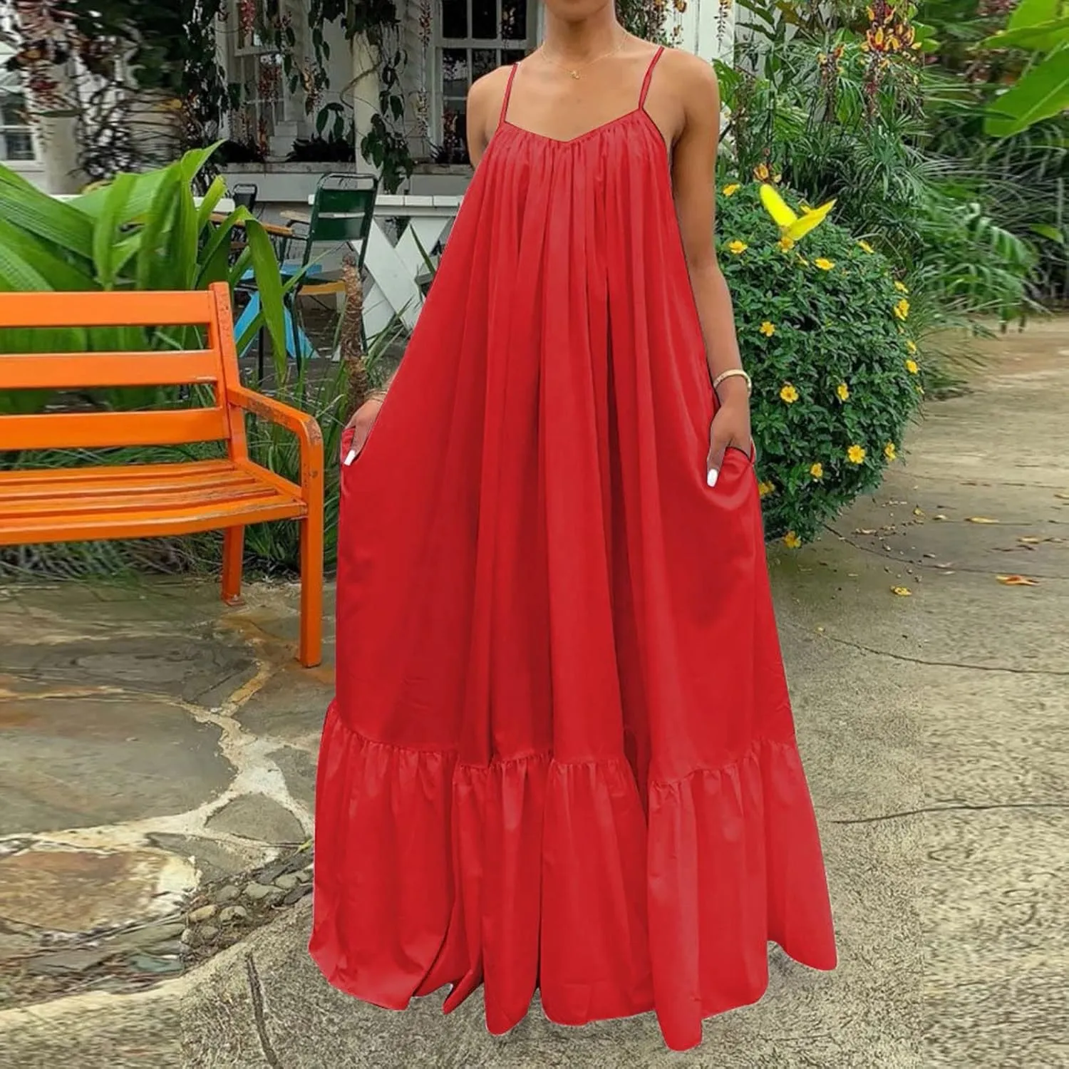 Spaghetti Strap Dresses for Women Plus Size Sleeveless Summer Casual Flowy Dress Ruffle Hem Swing Midi Sundress