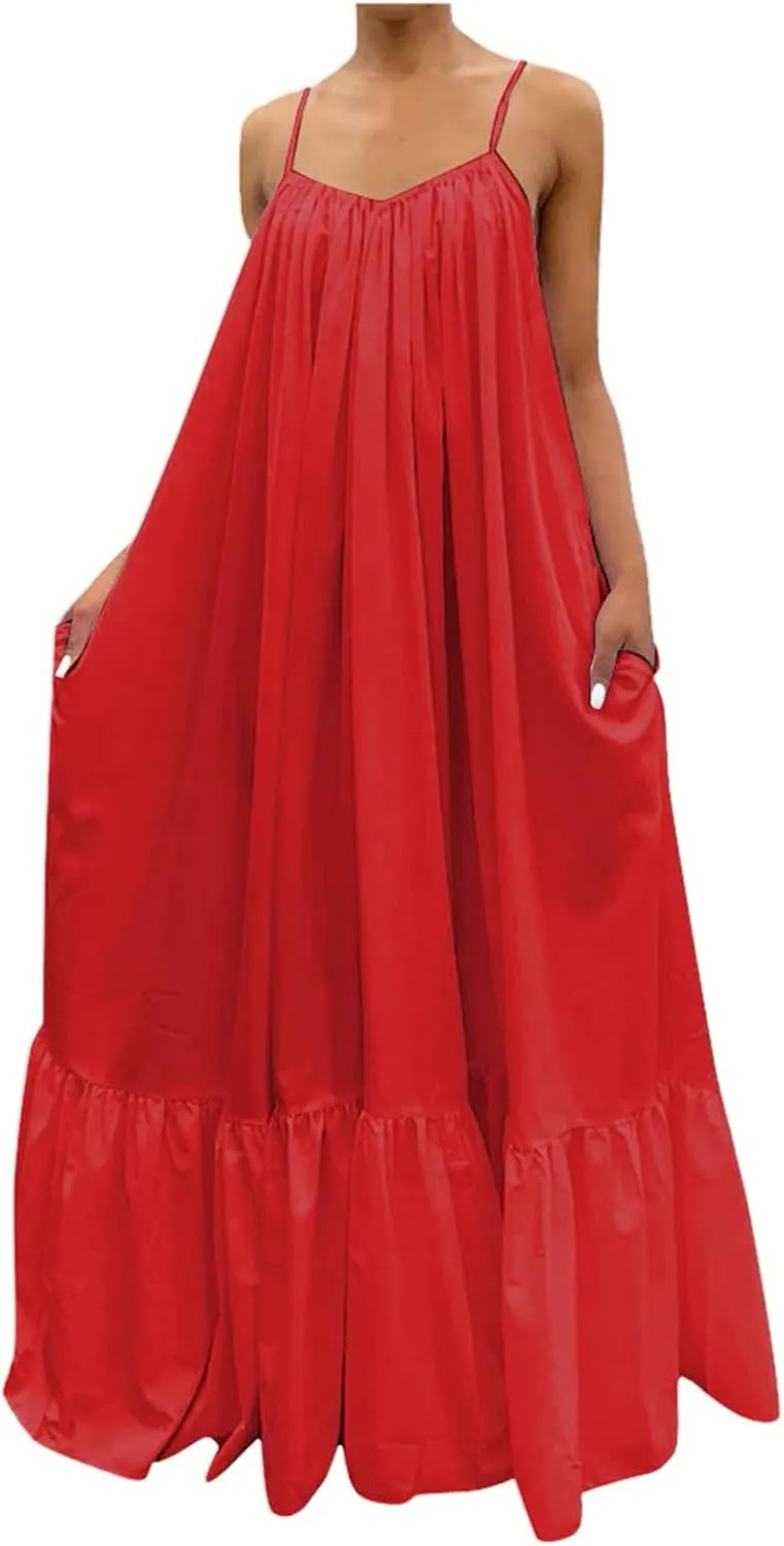 Spaghetti Strap Dresses for Women Plus Size Sleeveless Summer Casual Flowy Dress Ruffle Hem Swing Midi Sundress