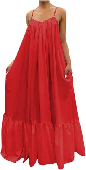 Spaghetti Strap Dresses for Women Plus Size Sleeveless Summer Casual Flowy Dress Ruffle Hem Swing Midi Sundress