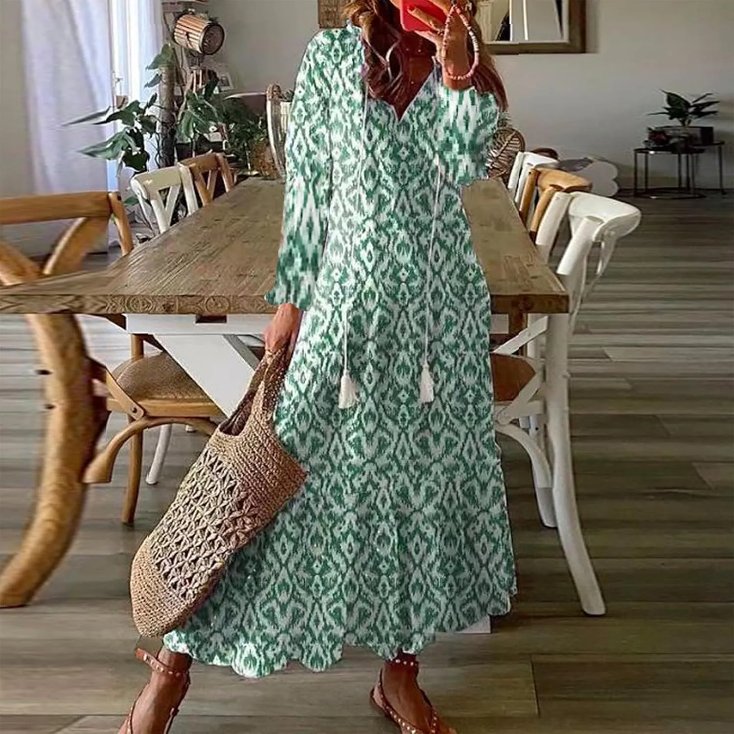 Summer Beach Dresses for Women Trendy Floral Printed Short Sleeve V Neck Maxi Dress Elegant Ladies Vacation Dress