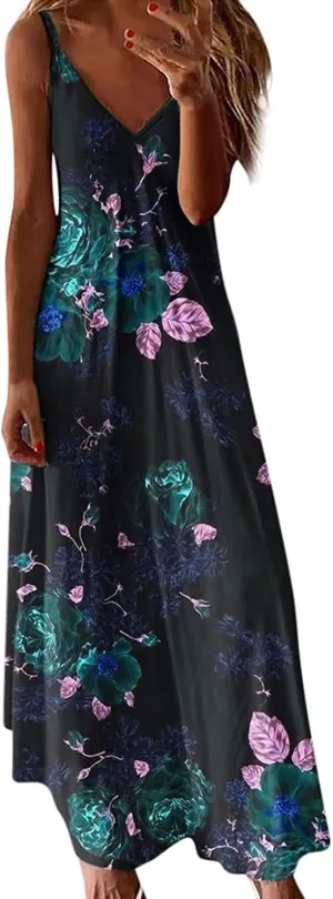 Summer Dresses for Women 2023 Trendy Casual Boho Plus Size Dress Floral Printed V Neck Spaghetti Strap Flowy Long Maxi Sundress Hawaiian Beach Clothes Sun Dress Dresses for Weddings as a Guest