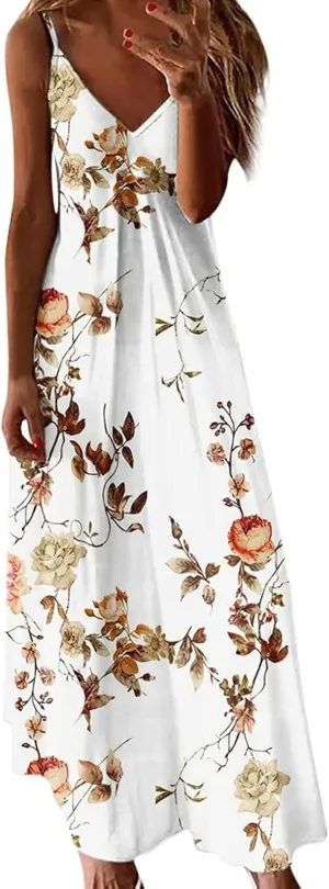 Summer Dresses for Women 2023 Trendy Casual Boho Plus Size Dress Floral Printed V Neck Spaghetti Strap Flowy Long Maxi Sundress Hawaiian Beach Clothes Sun Dress Dresses for Weddings as a Guest
