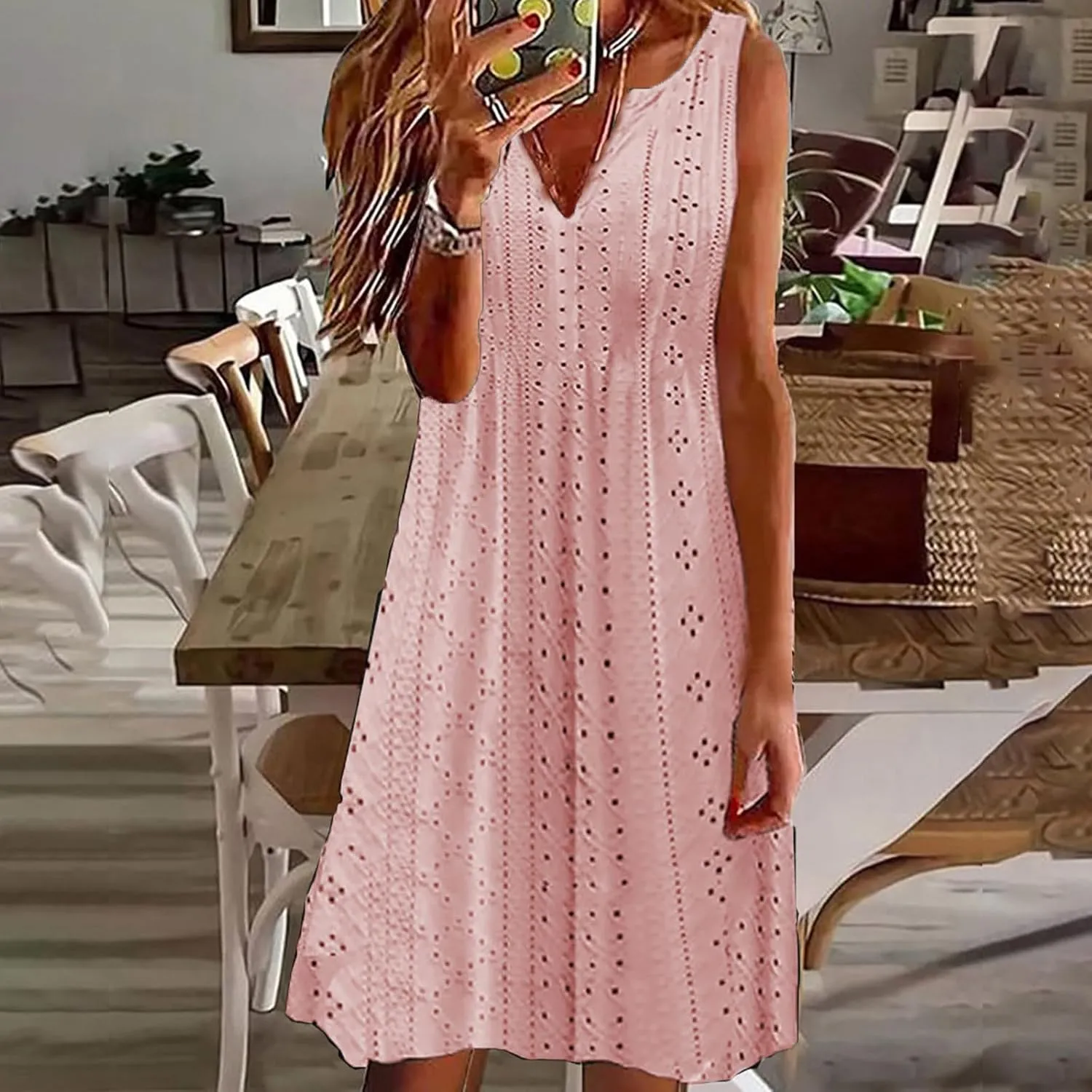 Summer Dresses for Women Sleeveless Eyelet Dress V Neck Midi Dress Elegant Beach Dress Casual Loose Vacation Dress