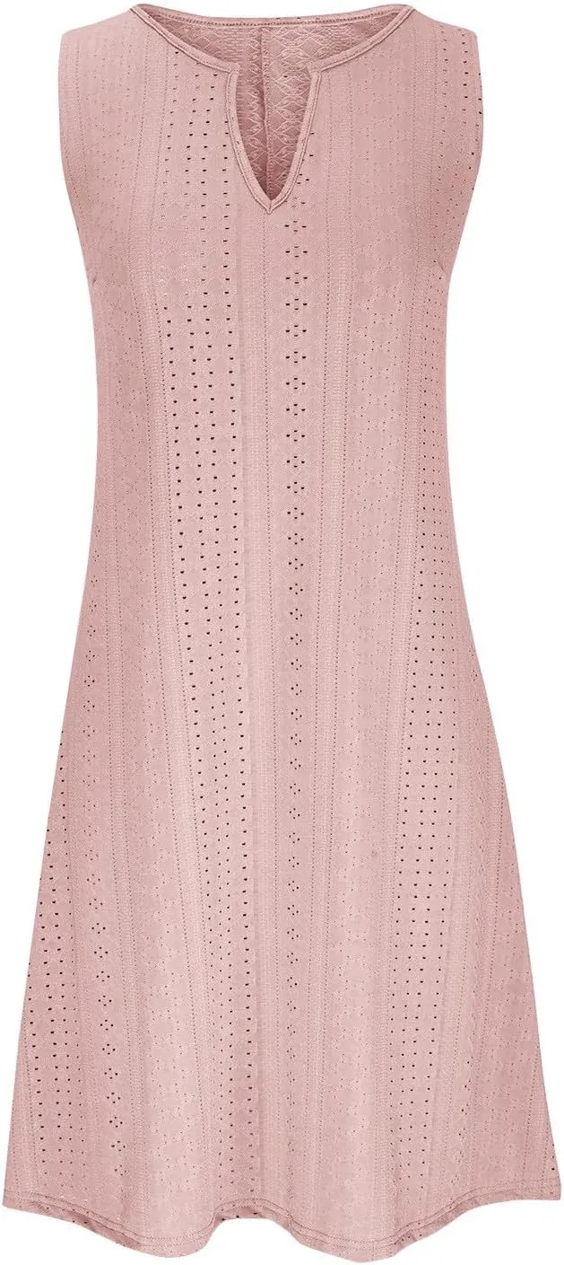 Summer Dresses for Women Sleeveless Eyelet Dress V Neck Midi Dress Elegant Beach Dress Casual Loose Vacation Dress