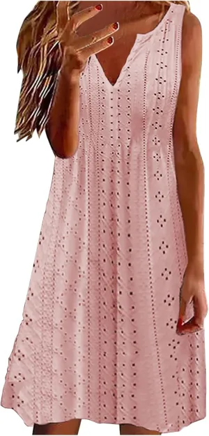 Summer Dresses for Women Sleeveless Eyelet Dress V Neck Midi Dress Elegant Beach Dress Casual Loose Vacation Dress