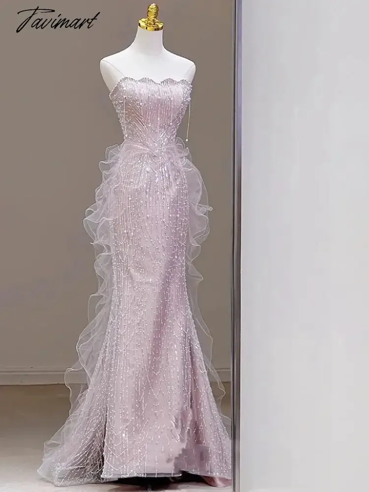 TAVIMART -  Pink Shiny Senior Evening Dresses Strapless Bead Sleeveless Off Shoulder Tulle Elegant Ruffle Sequins Mermaid Toast Prom Gowns