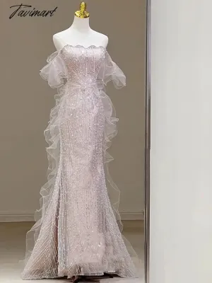 TAVIMART -  Pink Shiny Senior Evening Dresses Strapless Bead Sleeveless Off Shoulder Tulle Elegant Ruffle Sequins Mermaid Toast Prom Gowns