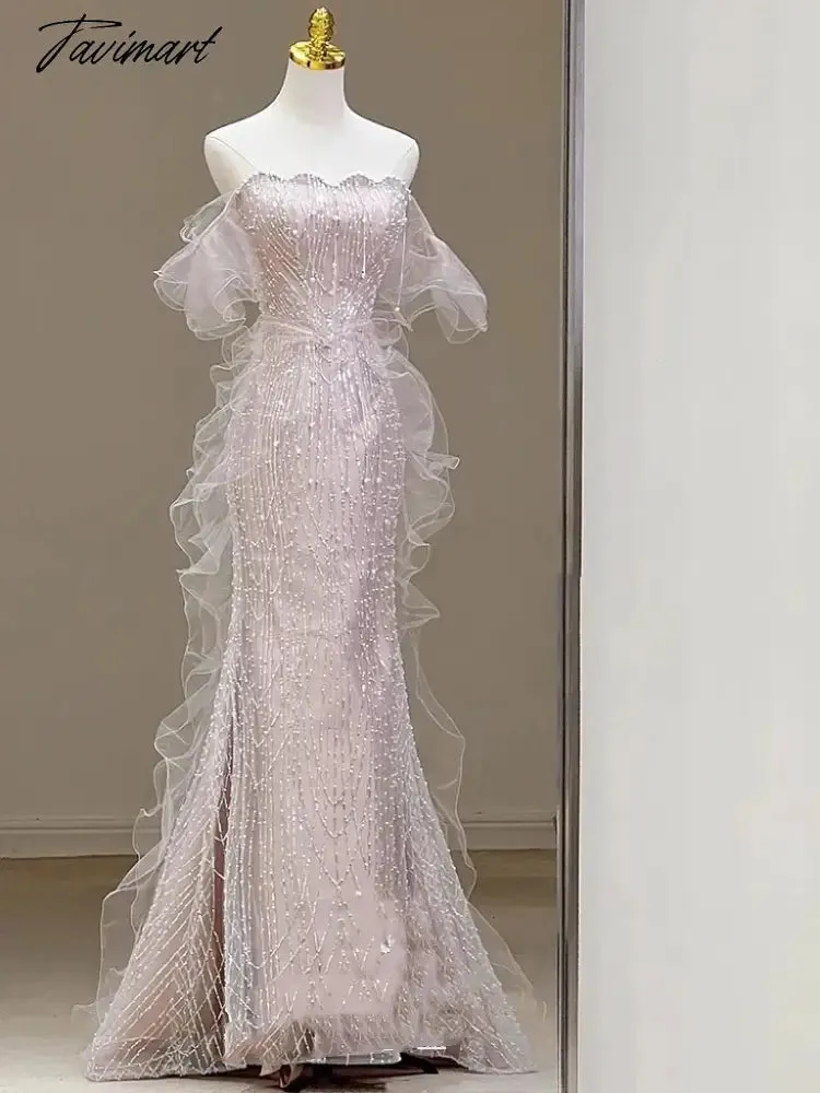 TAVIMART -  Pink Shiny Senior Evening Dresses Strapless Bead Sleeveless Off Shoulder Tulle Elegant Ruffle Sequins Mermaid Toast Prom Gowns