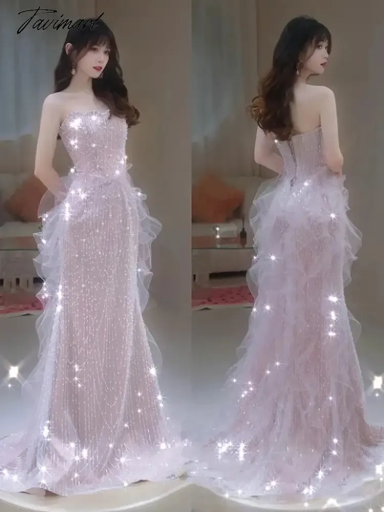 TAVIMART -  Pink Shiny Senior Evening Dresses Strapless Bead Sleeveless Off Shoulder Tulle Elegant Ruffle Sequins Mermaid Toast Prom Gowns