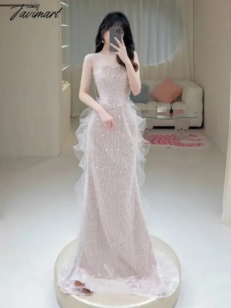 TAVIMART -  Pink Shiny Senior Evening Dresses Strapless Bead Sleeveless Off Shoulder Tulle Elegant Ruffle Sequins Mermaid Toast Prom Gowns