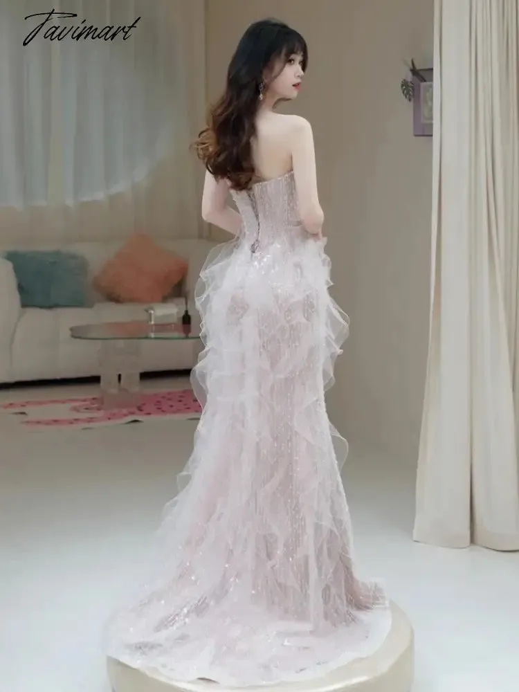 TAVIMART -  Pink Shiny Senior Evening Dresses Strapless Bead Sleeveless Off Shoulder Tulle Elegant Ruffle Sequins Mermaid Toast Prom Gowns