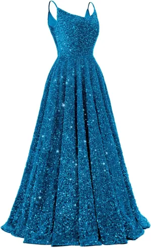 Tianzhihe Sequin Prom Dresses 2025 Long Sparkly Ball Gowns Spaghetti Straps A-Line Formal Evening Party Gown with Pockets