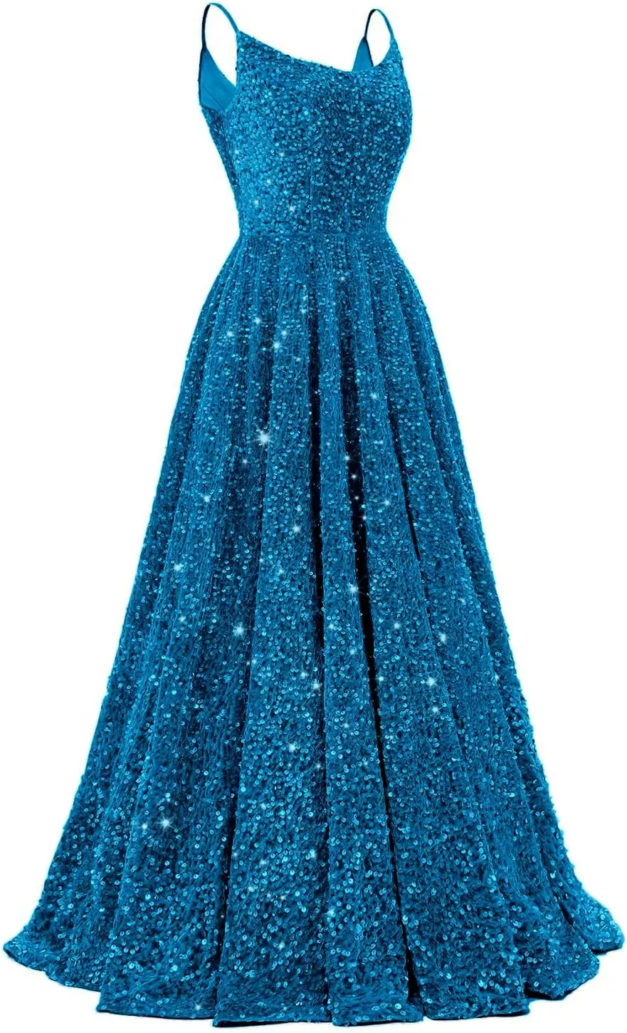 Tianzhihe Sequin Prom Dresses 2025 Long Sparkly Ball Gowns Spaghetti Straps A-Line Formal Evening Party Gown with Pockets