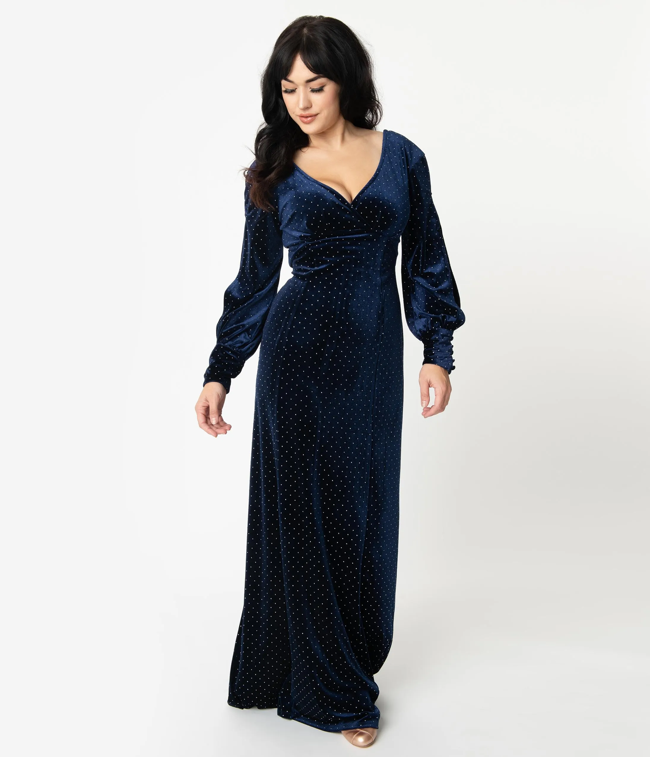 Unique Vintage Navy Blue Velvet & Silver Dotted Sharon Maxi Dress