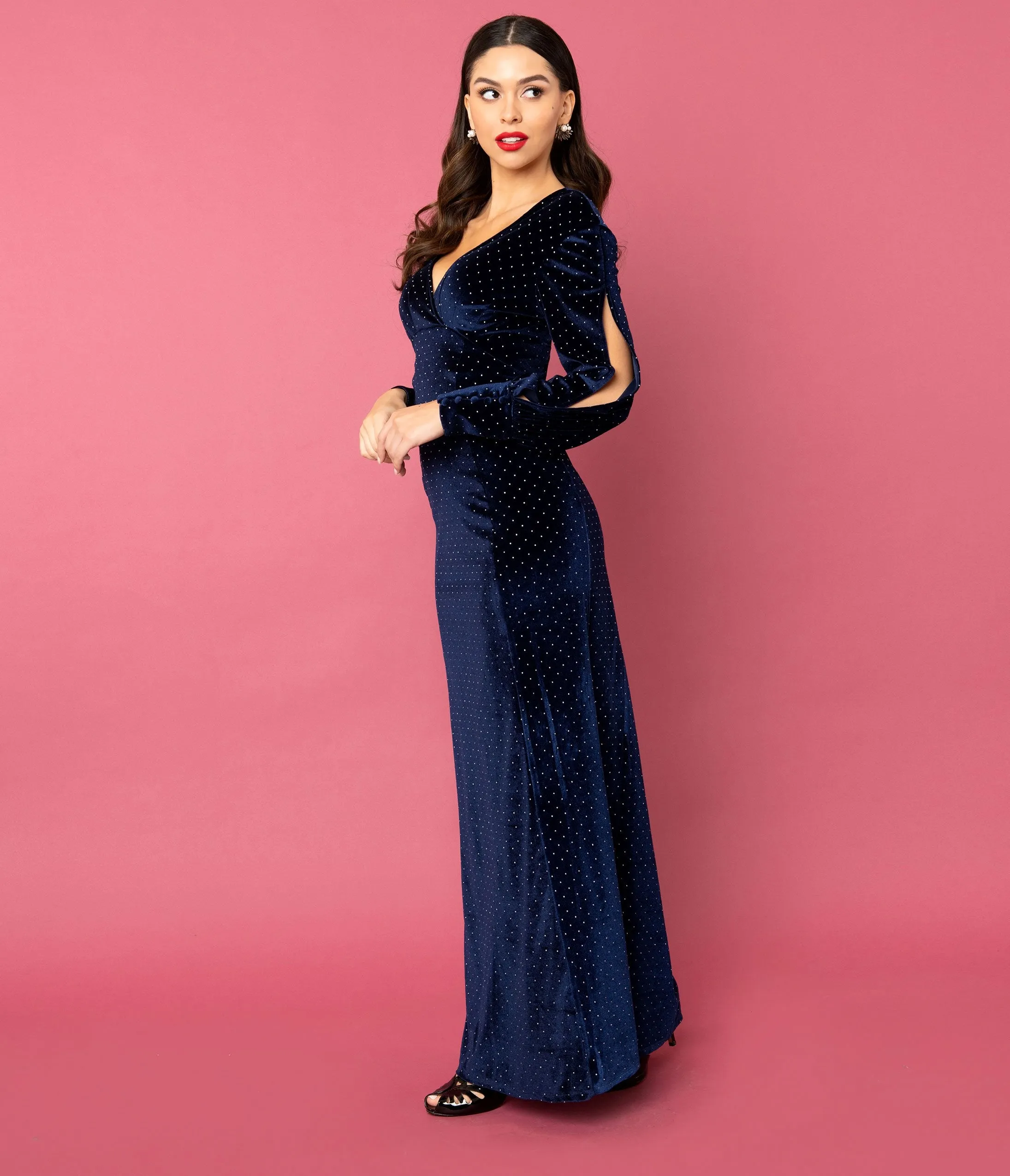 Unique Vintage Navy Blue Velvet & Silver Dotted Sharon Maxi Dress