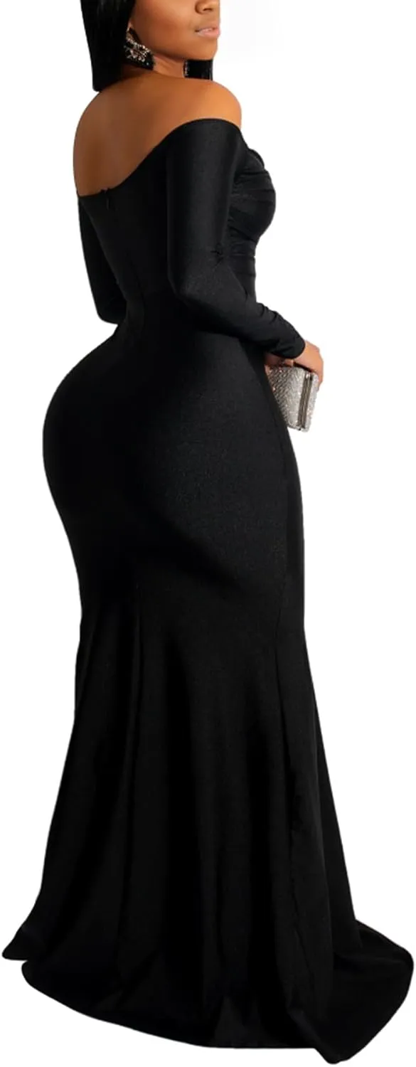 Vakkest Women's Sexy Formal Dresses Off The Shoulder Long Sleeve High Split Gown Summer Beach Slit for Wedding Guest