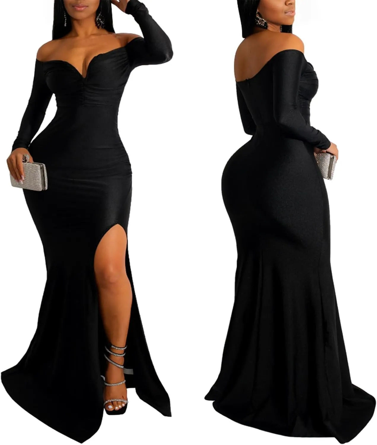 Vakkest Women's Sexy Formal Dresses Off The Shoulder Long Sleeve High Split Gown Summer Beach Slit for Wedding Guest