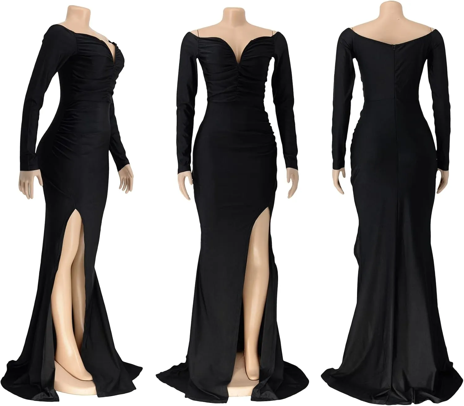 Vakkest Women's Sexy Formal Dresses Off The Shoulder Long Sleeve High Split Gown Summer Beach Slit for Wedding Guest