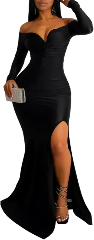 Vakkest Women's Sexy Formal Dresses Off The Shoulder Long Sleeve High Split Gown Summer Beach Slit for Wedding Guest