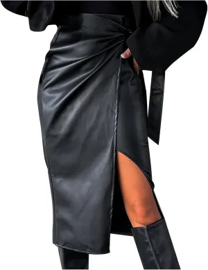 Women Self-Tie High Waist Asymmetric Thigh Split Faux Leather Midi Skirt High Low Slit Long A-Line Wrap Skirts