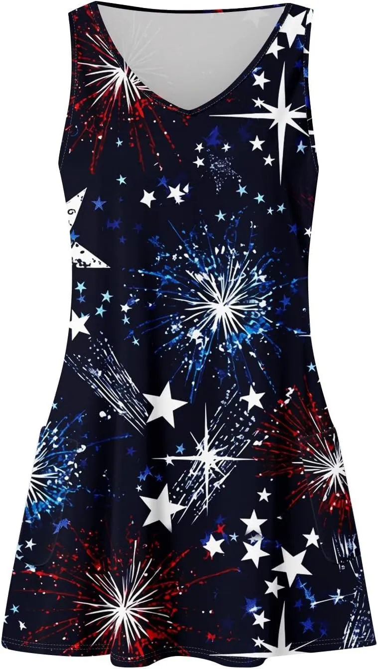 Women's Casual Dresses Summer 4Th of July V Neck Sleeveless Patriotic Dresses Stars Printed Tank Dress, S-2XL