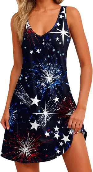Women's Casual Dresses Summer 4Th of July V Neck Sleeveless Patriotic Dresses Stars Printed Tank Dress, S-2XL