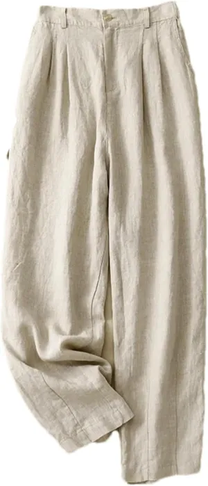 Women's Cotton Linen High-Waisted Wide-Legged Pants  Casual Loose Spring Summer Button-Up Straight Leg Trousers