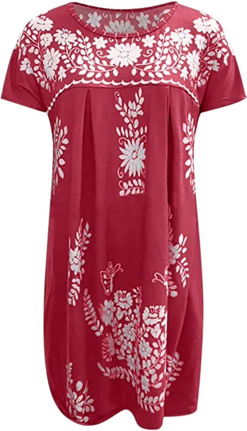 Women's Dresses Summer Casual Loose Printed Dress 2024 Swing Round Neck Short Sleeve Dresses Plus Size, S-5XL